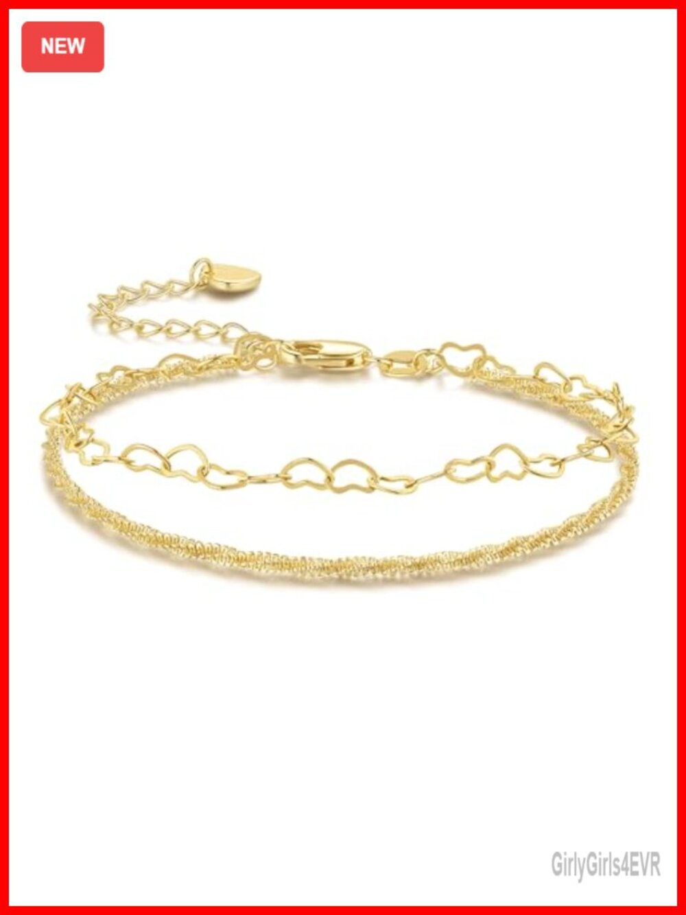 14K Gold Plated Layered Heart Link Bracelet Adjustable Women